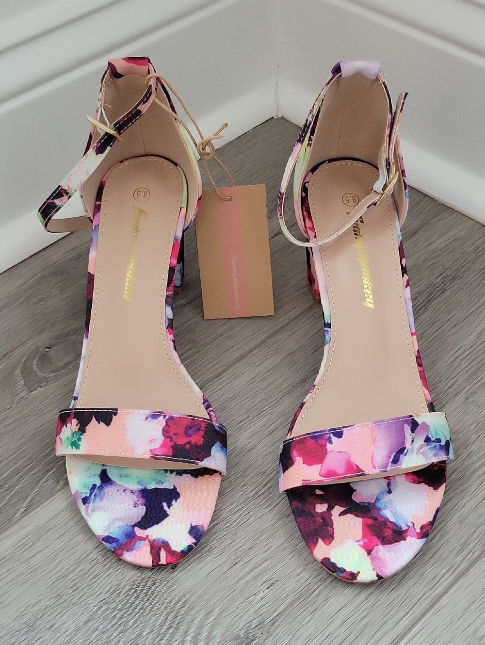 Floral Ankle-Strap Block Heels - Pink Multicolor